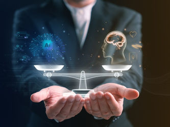 Professionista con una bilancia digitale che mette a confronto intelligenza artificiale e capacità umane.