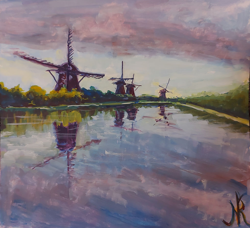 Windmills, Holland, oils, 2022, 12"x12"