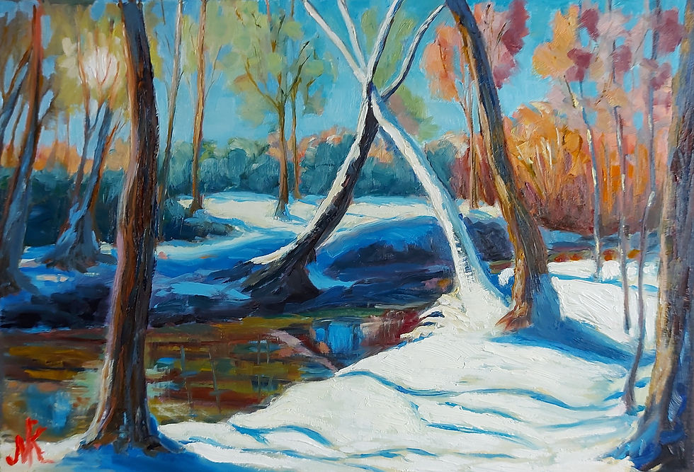 Spring in the forest, oils, 2022, 12"x16"