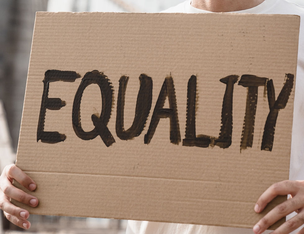 Cardboard sign with the word "equality" written across it.