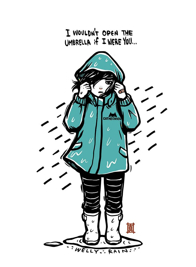 Thumbnail: Art Print "Windy Welly Girl in the Rain ( Yellow/ Turquoise)"
