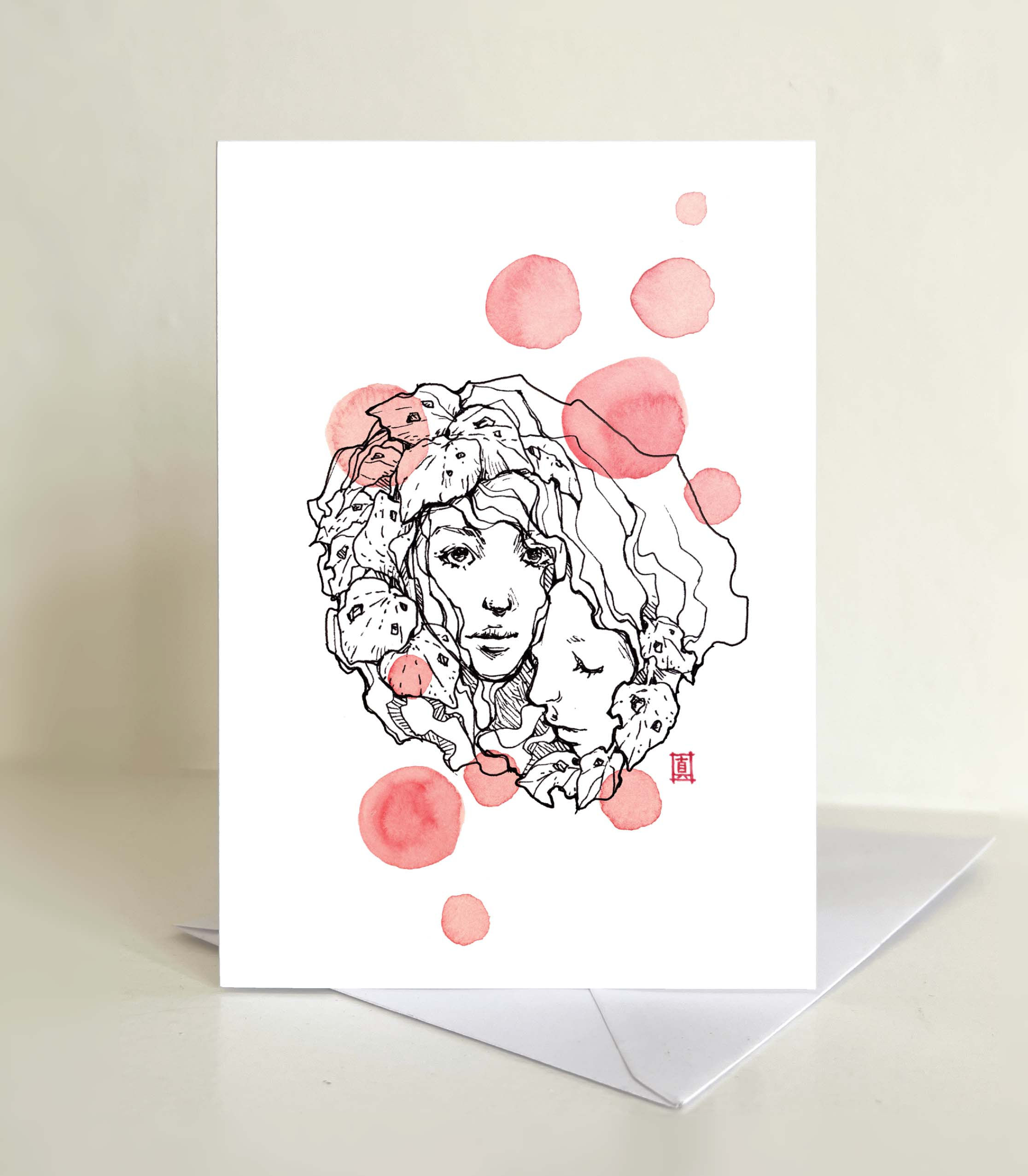 Greeting Card "Kawakawa Girls" (Red Bubbles)