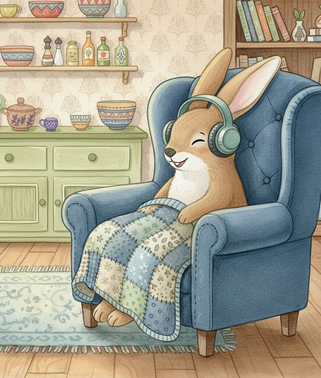 Bunny sittign in his blue armchair listening to his story on audible
