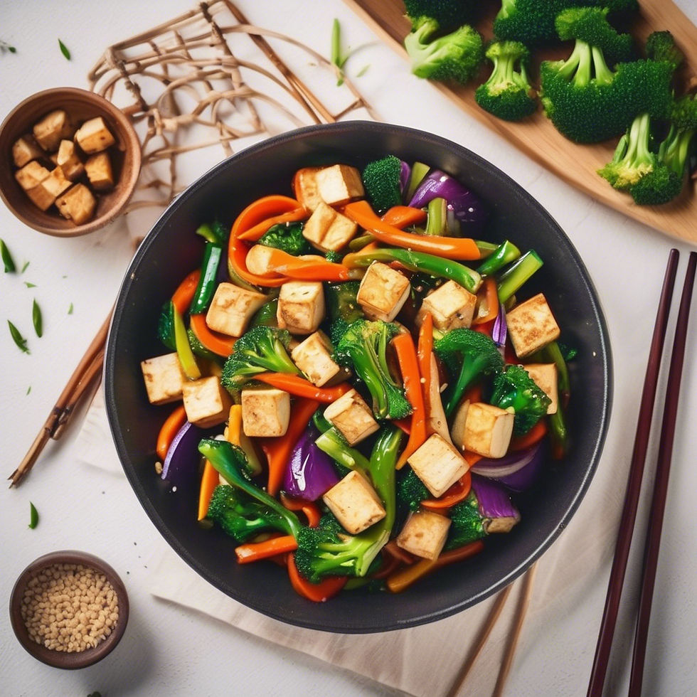 Stir-fry with tofu, broccoli, carrots, and peppers in a black bowl on a white table. Chopsticks and sesame seeds nearby. Bright colors.