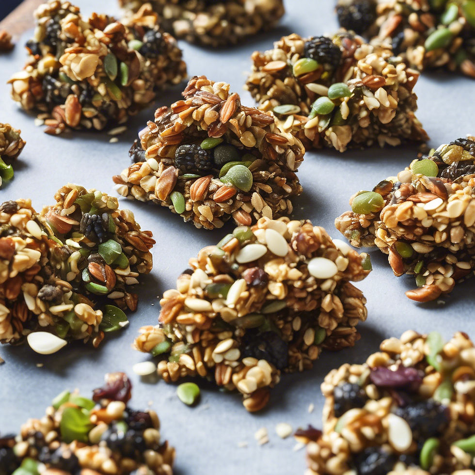 Clusters of mixed seeds and nuts with grains on a blue surface. Ingredients are visible and colorful, creating a homemade and healthy feel.
