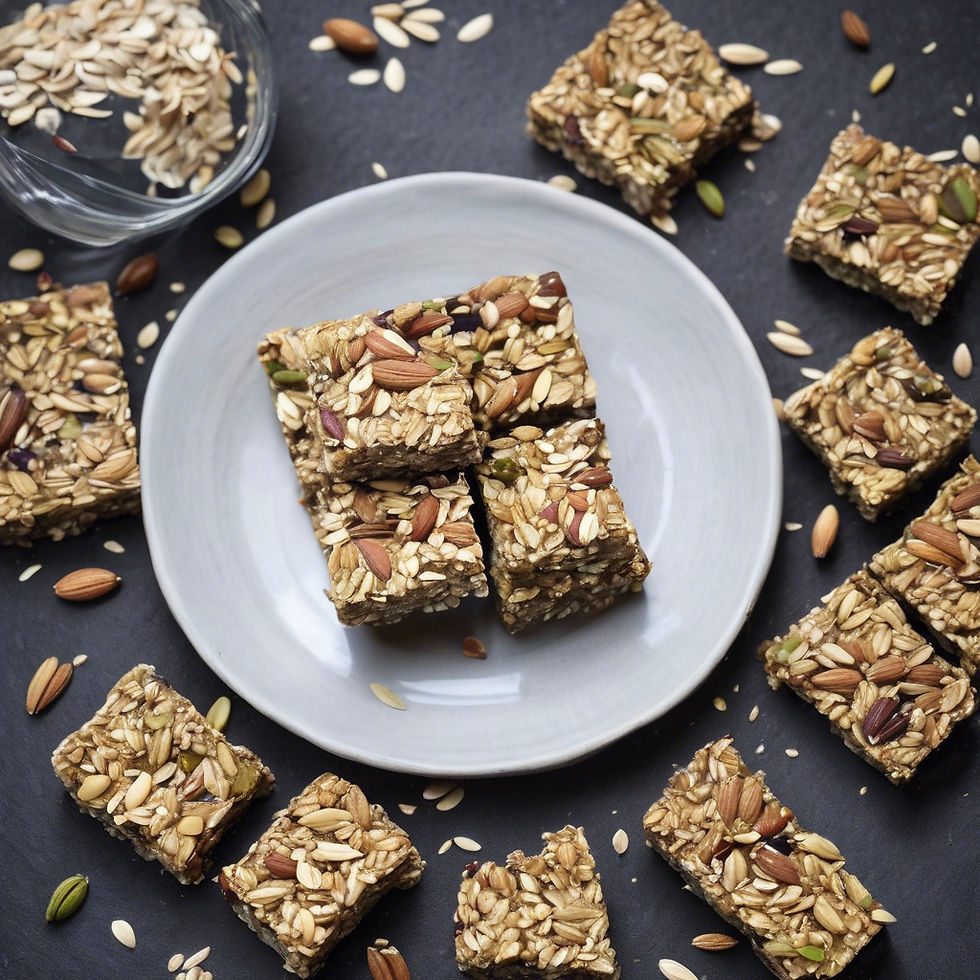 Seed and nut granola bars on a gray plate, scattered on a dark surface with loose seeds and a small glass bowl. Earthy, natural tones.