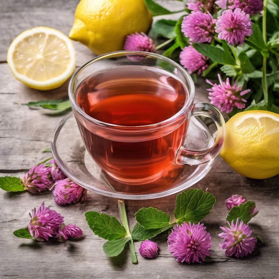A glass cup of red tea on a wooden table, surrounded by purple clover flowers, green leaves, and lemons. Cozy and natural setting.