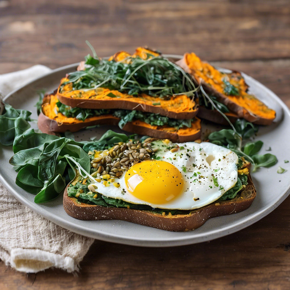 Plate of toast with fried egg, seeds, greens, and roasted vegetables on a rustic wooden table. Fresh and colorful breakfast setting.