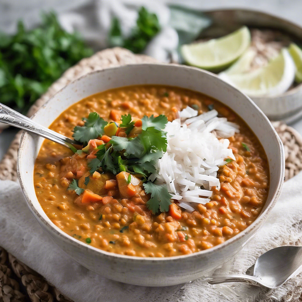 Bowl of lentil curry with rice, garnished with cilantro and diced vegetables. Lime wedges and greens in the blurred background.