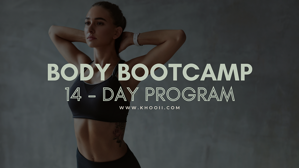 A woman in workout gear with hands behind head; text reads "Body Bootcamp 14-Day Program" over a dark background. Website link below.