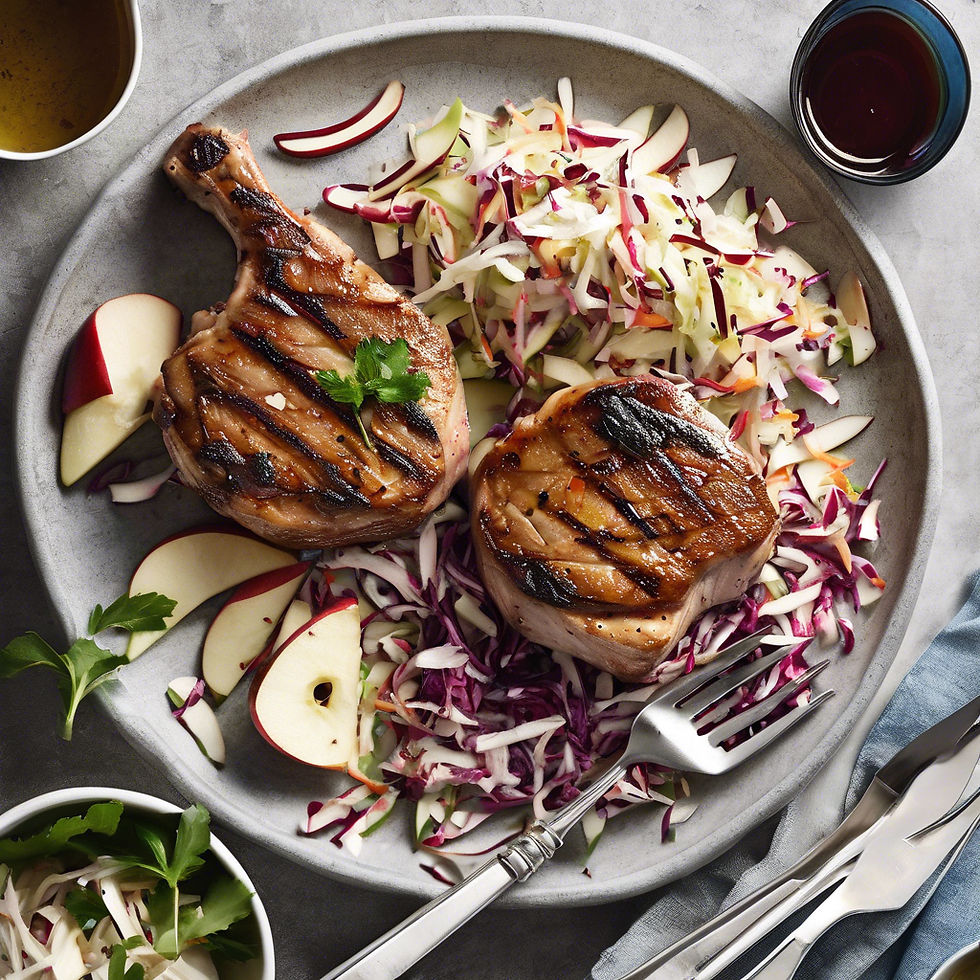 Grilled pork chops on a plate with vibrant slaw and apple slices. A fork rests on the side, evoking a fresh, appetizing meal.