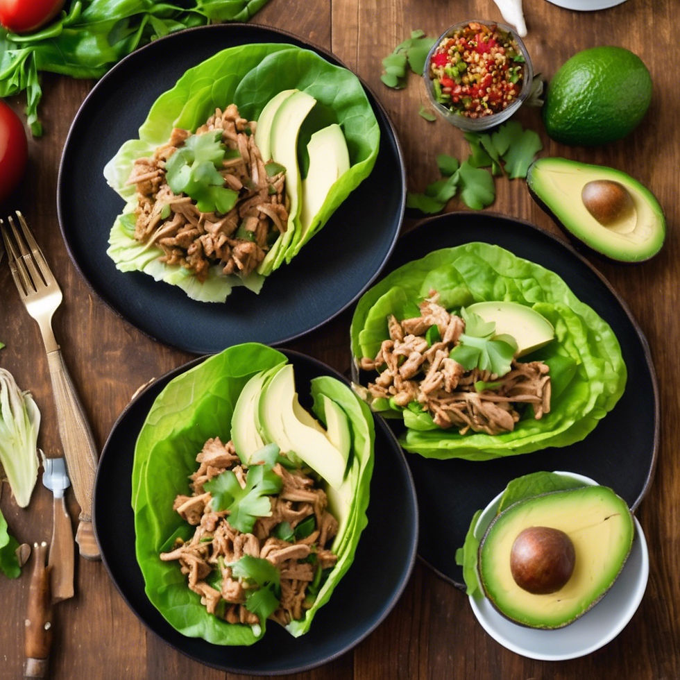 Three black plates with lettuce wraps filled with shredded meat, avocado slices, and cilantro on a wooden table, surrounded by fresh veggies.