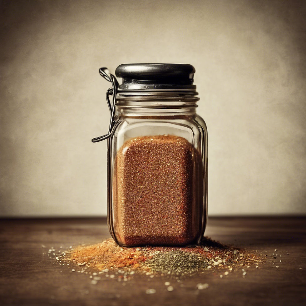 A glass jar filled with cinnamon-colored spice is placed on a wooden surface. Some spice is spilled around it, creating a colorful pattern.