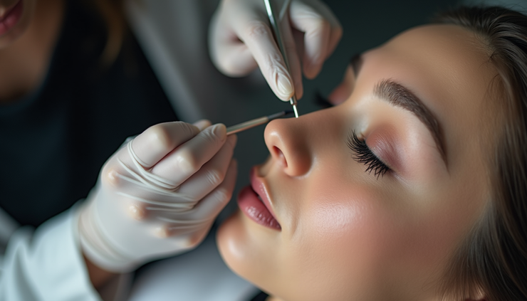 Eye-level view of a lash technician applying eyelash extensions