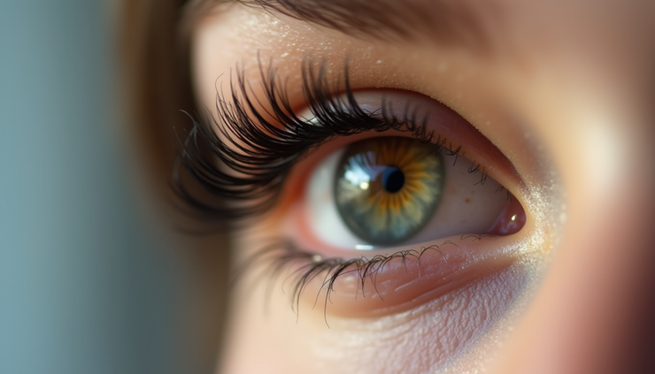 Close-up view of natural eyelash extensions with soft curl