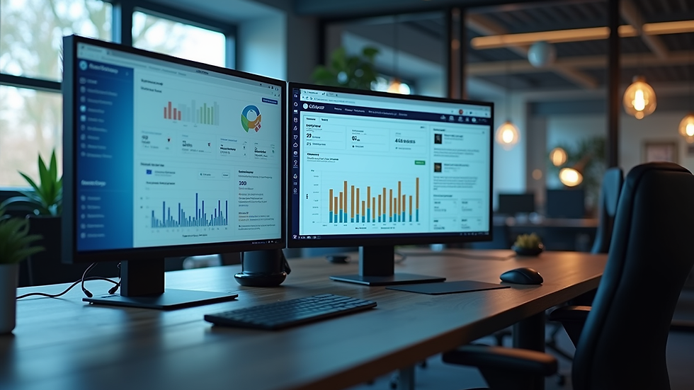 Eye-level view of a modern office workspace with computer screens showing social media analytics