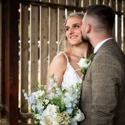 Bride's white and pale blue bouquet
