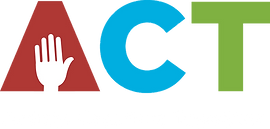 ACT organization logo of red, blue, and green uppercase block letters. A cutout of a hand serves as the usual spaces in the letter A.