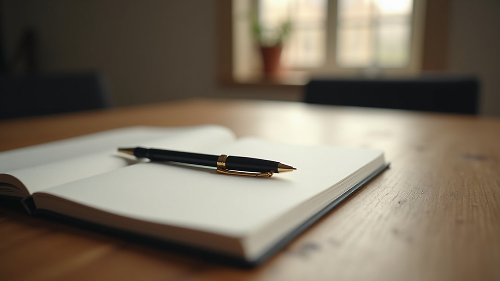 Close-up view of a journal and pen on a wooden table, symbolizing self-reflection