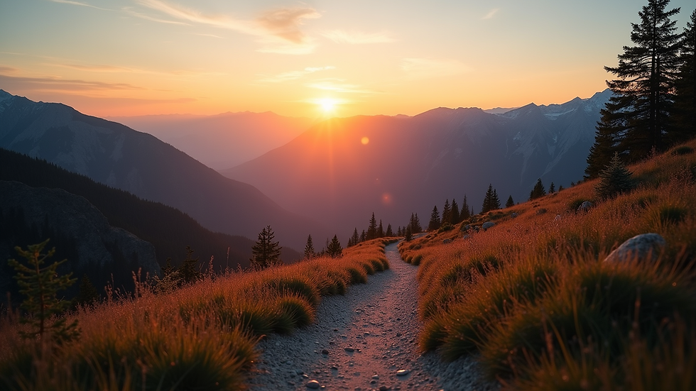 Eye-level view of a mountain trail leading to a sunrise