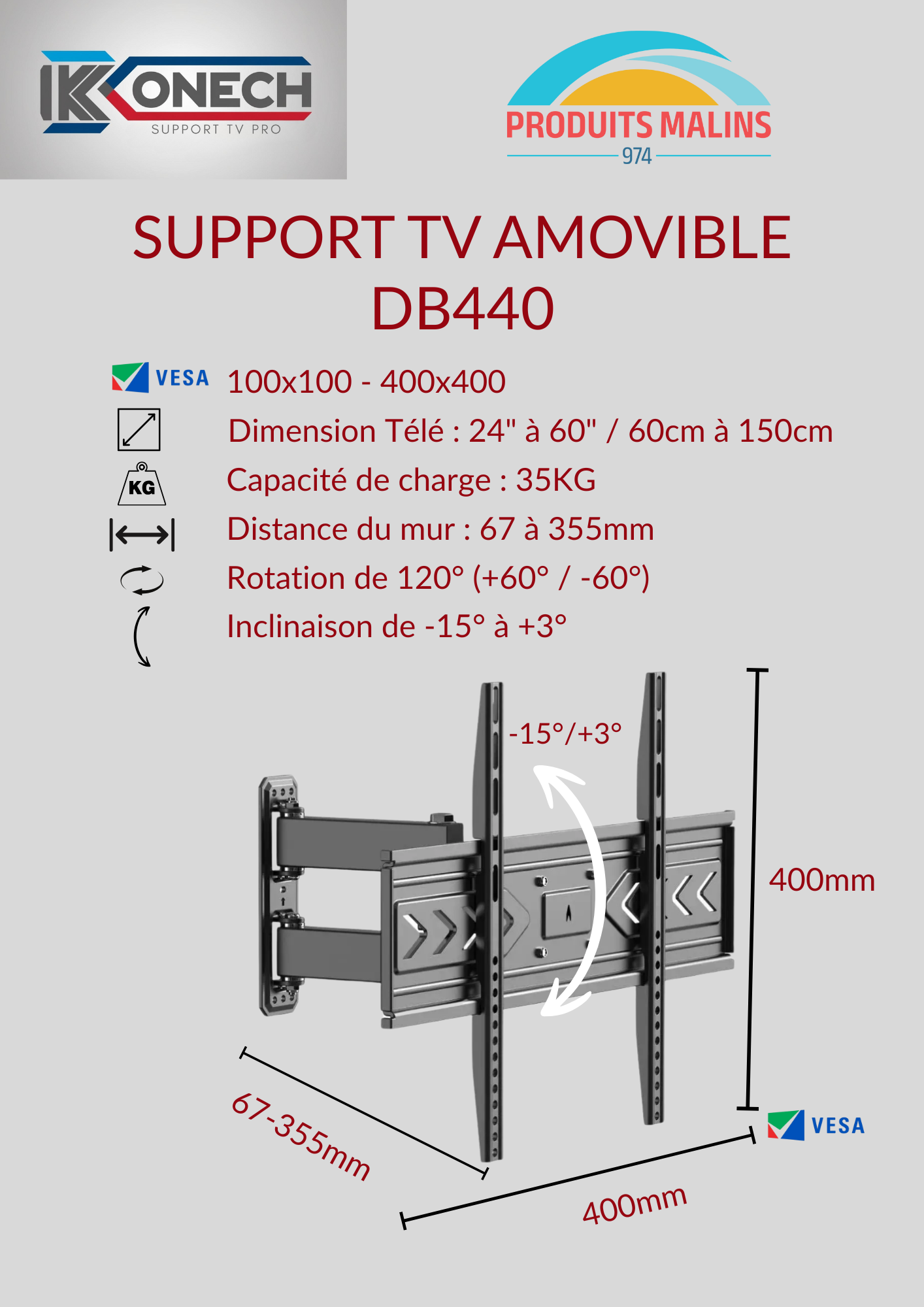 Support Télé Amovible 1 Bras 60cm à 125cm 