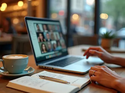 Pessoa praticando inglês em conversa descontraída em café moderno