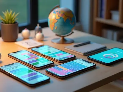 Mesa com smartphones exibindo diferentes apps de conversação em idiomas