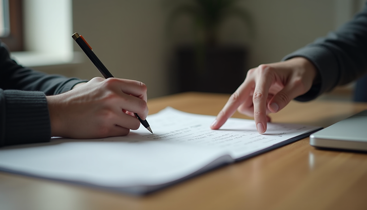 Eye-level view of a person filling out a psychological questionnaire in a calm room