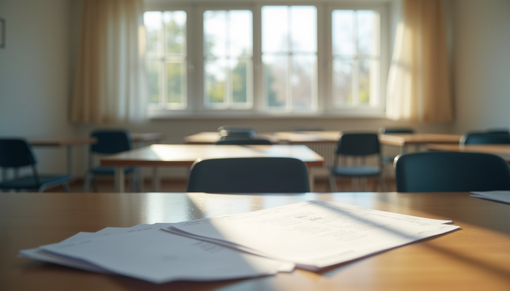 Eye-level view of a quiet room set up for a one-on-one coaching session with assessment materials on the table