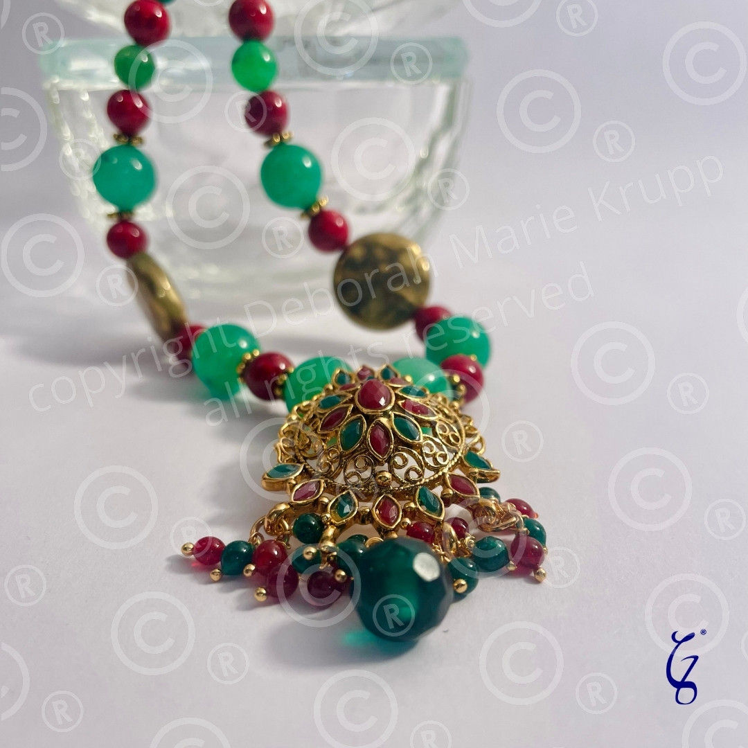 Red Green Gold Beaded Hindu Necklace