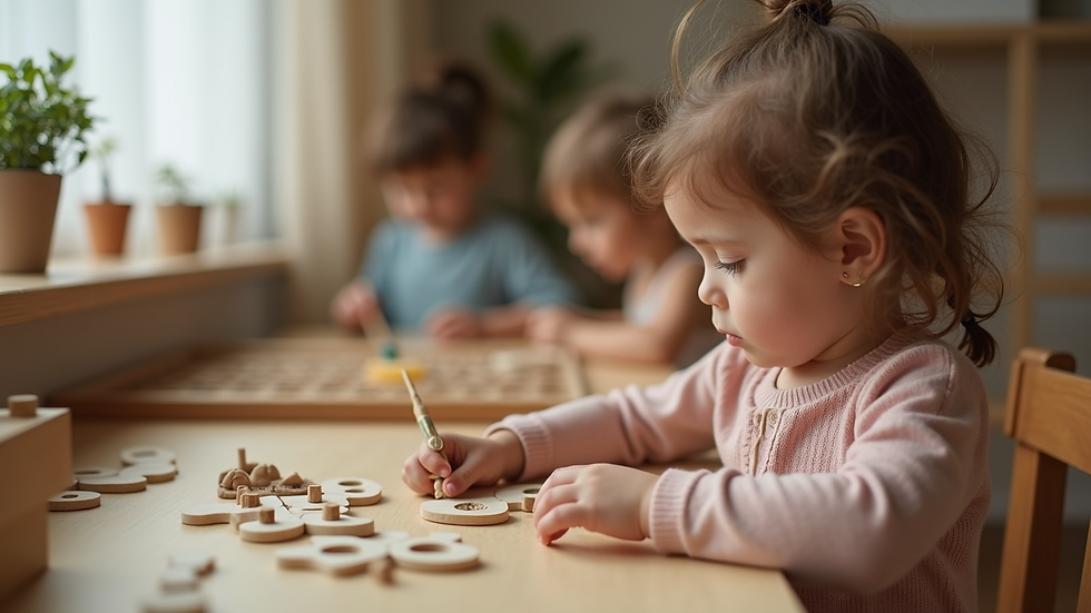 High angle view of a child working independently with Montessori materials