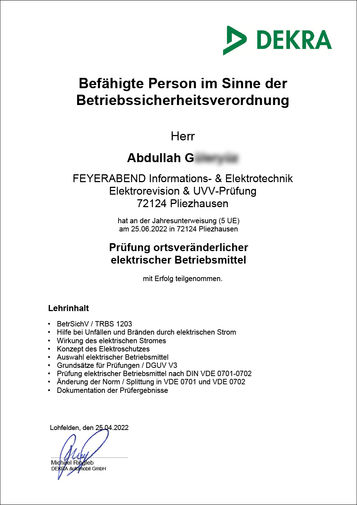 DEKRA Zertifikat Betriebssicherheitsverordnung