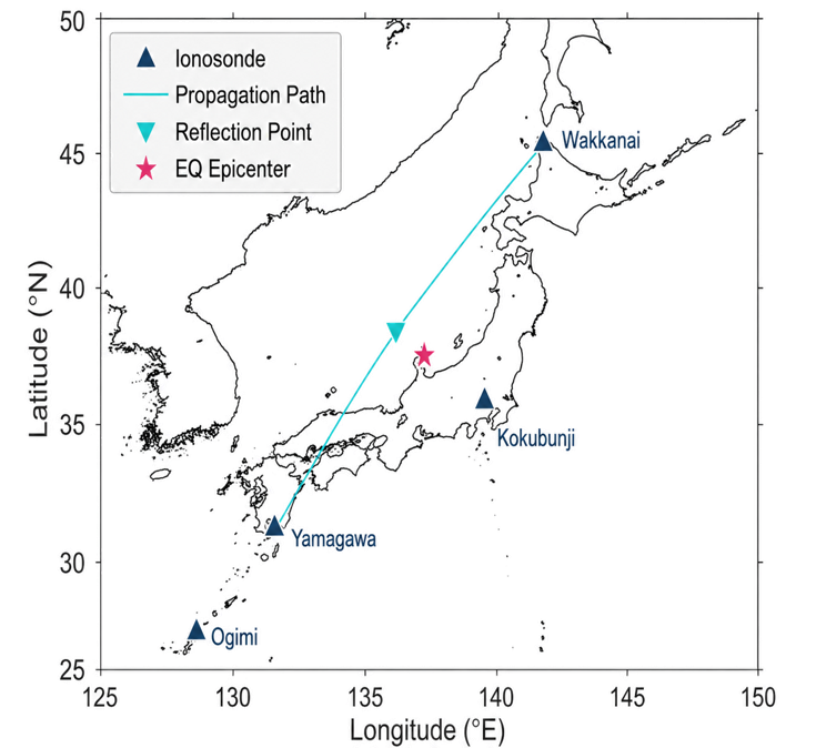 図1: 山川―稚内間のHF電波伝搬経路と2024年能登半島地震の震央