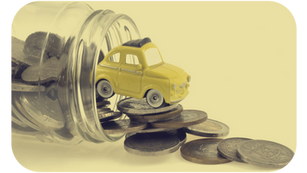 "Coins stacked on to a miniature car representing vehicle expenses and tracking kilometers for tax returns, guide on mileage tracking for tax deductions and accounting