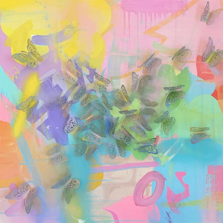 Height: 24 inches Width: 24 inches
Materials: Acrylic Paint, spray paint, posca marker, hot glue, plastic butterflies, canvas
Process: created background by layering paint and spray paint together and adding small posca marker details until the background was chaotic and full of cover, then spray painted plastic 3D butterflies were hot glued on top.
