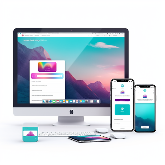 mac desktop screen with a phone, notebook, and tablet, in the style of light turquoise and magenta, vibrant color gradients, mountainous vistas, webcore, scoutcore, streamlined forms, white background