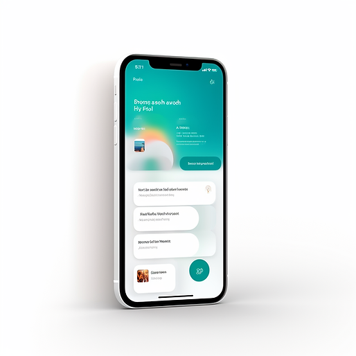 an iphone with a screen showing its application, in the style of clean and simple designs, dark white and teal, nul group, rounded, simple, colorful illustrations, transfer, light and airy
