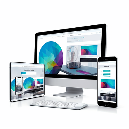 a computer, monitor and phone are displaying the website, in the style of realistic, detailed rendering, color interaction, poured resin, light gray, rounded, vivid color schemes, award-winning