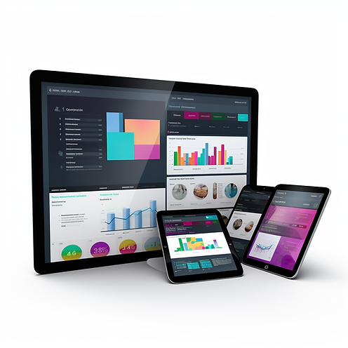 a monitor with some charts displayed as well as tablet computers and smartphones, in the style of realistic usage of light and color, made of rubber, multiple screens, award-winning, sharp attention to detail, dark, foreboding colors, sleek metallic finish