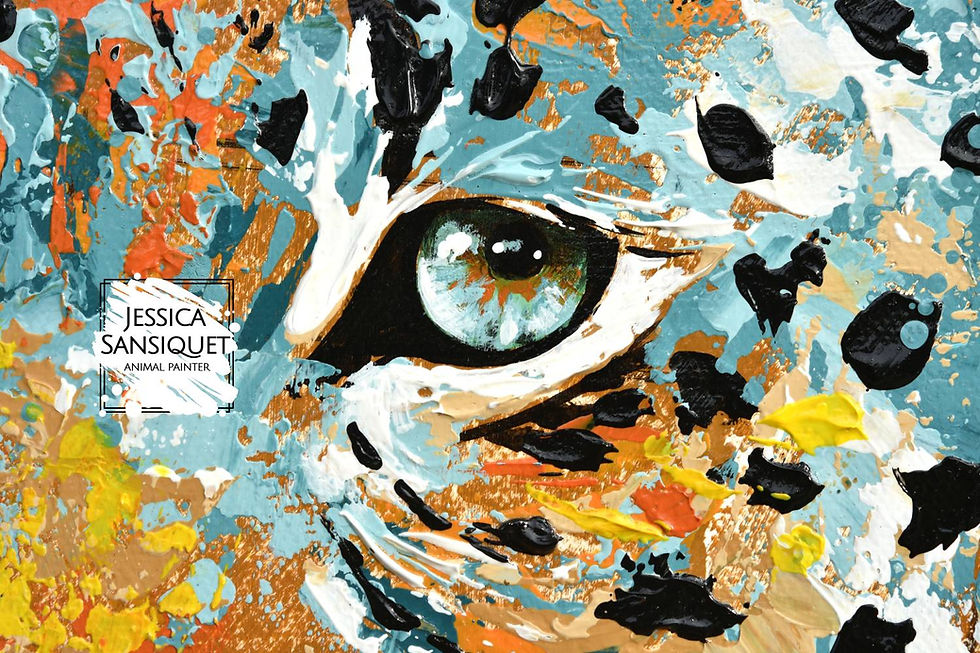 Miniature : Détail de l'oeil d'une panthère oeuvre de Jessica Sansiquet artiste peintre en art animalier contemporain