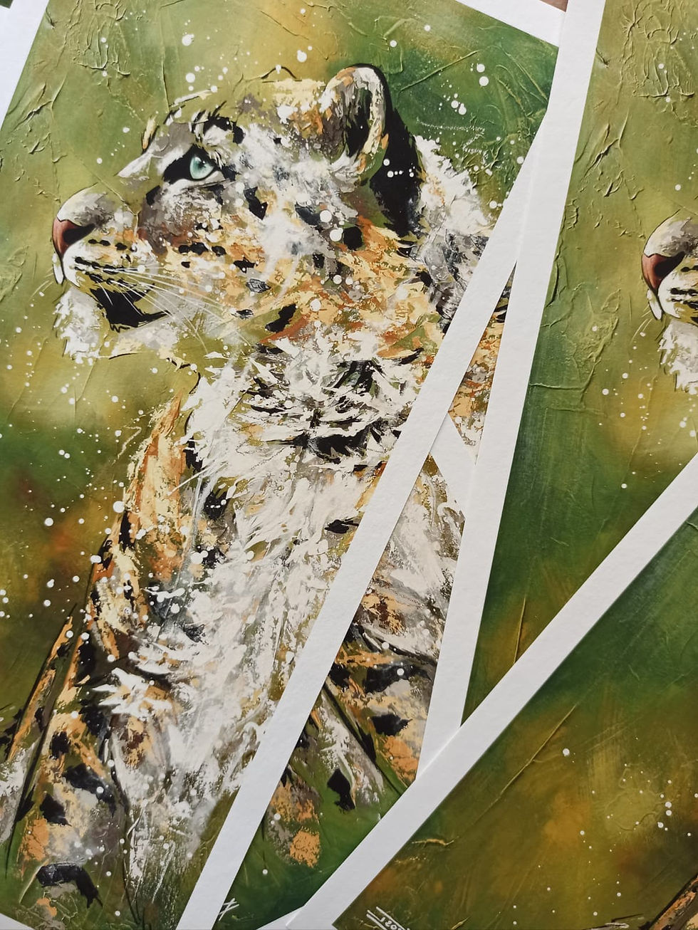 Miniature : Panthère des neiges, peinture de l'artiste peintre animalier Jessica Sansiquet. Tirage d'art, reproduction, association ferus