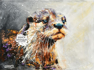 Peinture animalière de l'artiste peintre Jessica Sansiquet représentant une loutre au regard expressif, acrylique, 2025