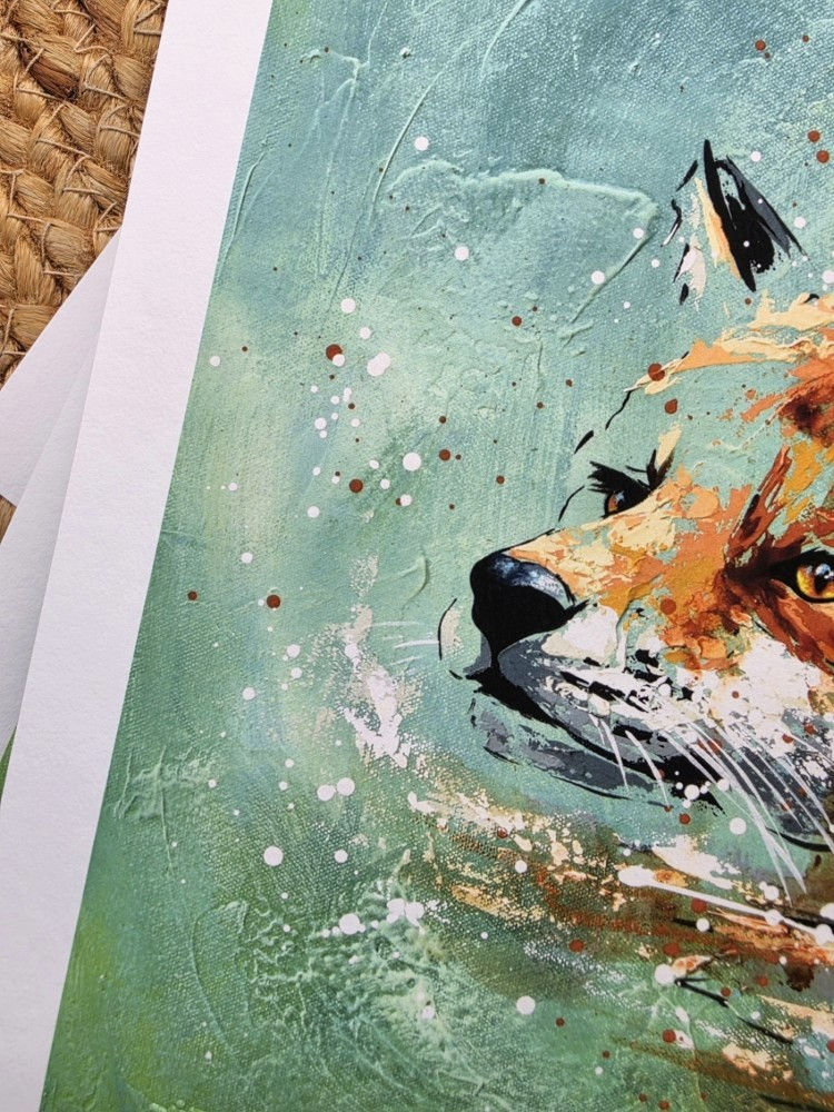 renard qui nage dans l'eau peinture de Jessica Sansiquet artiste peintre animalière engagée dans la protection animale