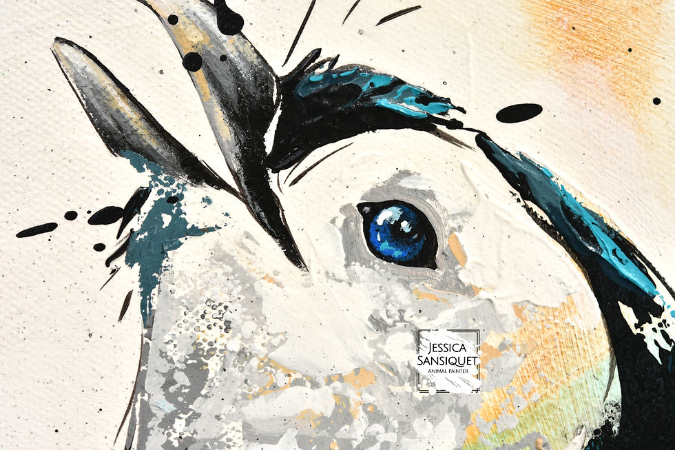 Miniature : Détail de l'oeuvre de bébés manchots de l'artiste peintre Jessica Sansiquet. Art animalier contemporain. Oeil bleu Pingouin