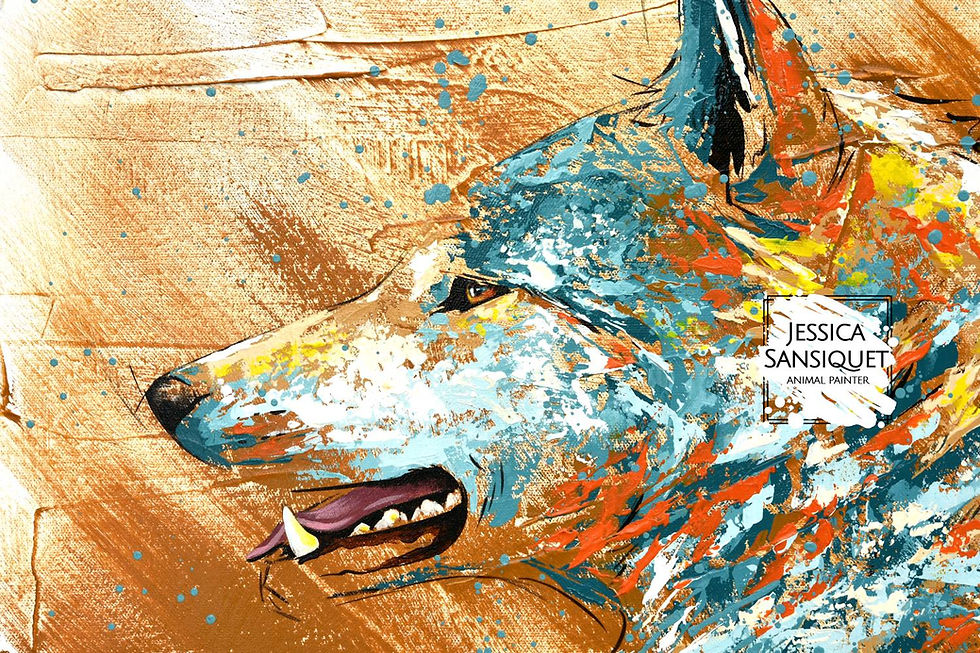 Miniature : Détail de l'oeuvre dun loup par l'artiste peintre Jessica Sansiquet, art animalier contemporain