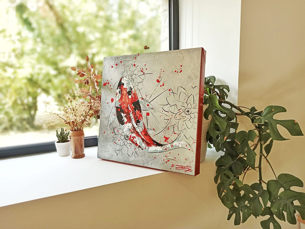 Miniature : Oeuvre d'art d'une carpe koï rouge noire blanche par l'artiste peintre Jessica Sansiquet Art animalier contemporain poisson