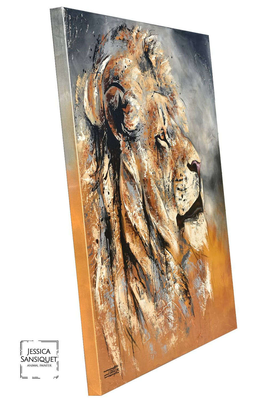 Miniature : Tableau d'une tête de lion, oeuvre de l'artiste Jessica Sansiquet, art animalier contemporain. Street art réalisme abstrait