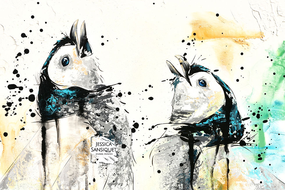 Miniature : Détail de l'oeuvre de bébés manchots de l'artiste peintre Jessica Sansiquet. Tableau art animalier. Pingouins