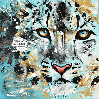 Peinture animalière de l'artiste peintre Jessica Sansiquet représentant une tête de panthère des neiges, acrylique, 2025