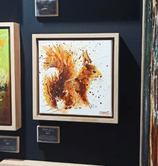 Tableau d'un écureuil roux, peinture de l'artiste peintre animalière Jessica Sansiquet, art contemporain engagé
